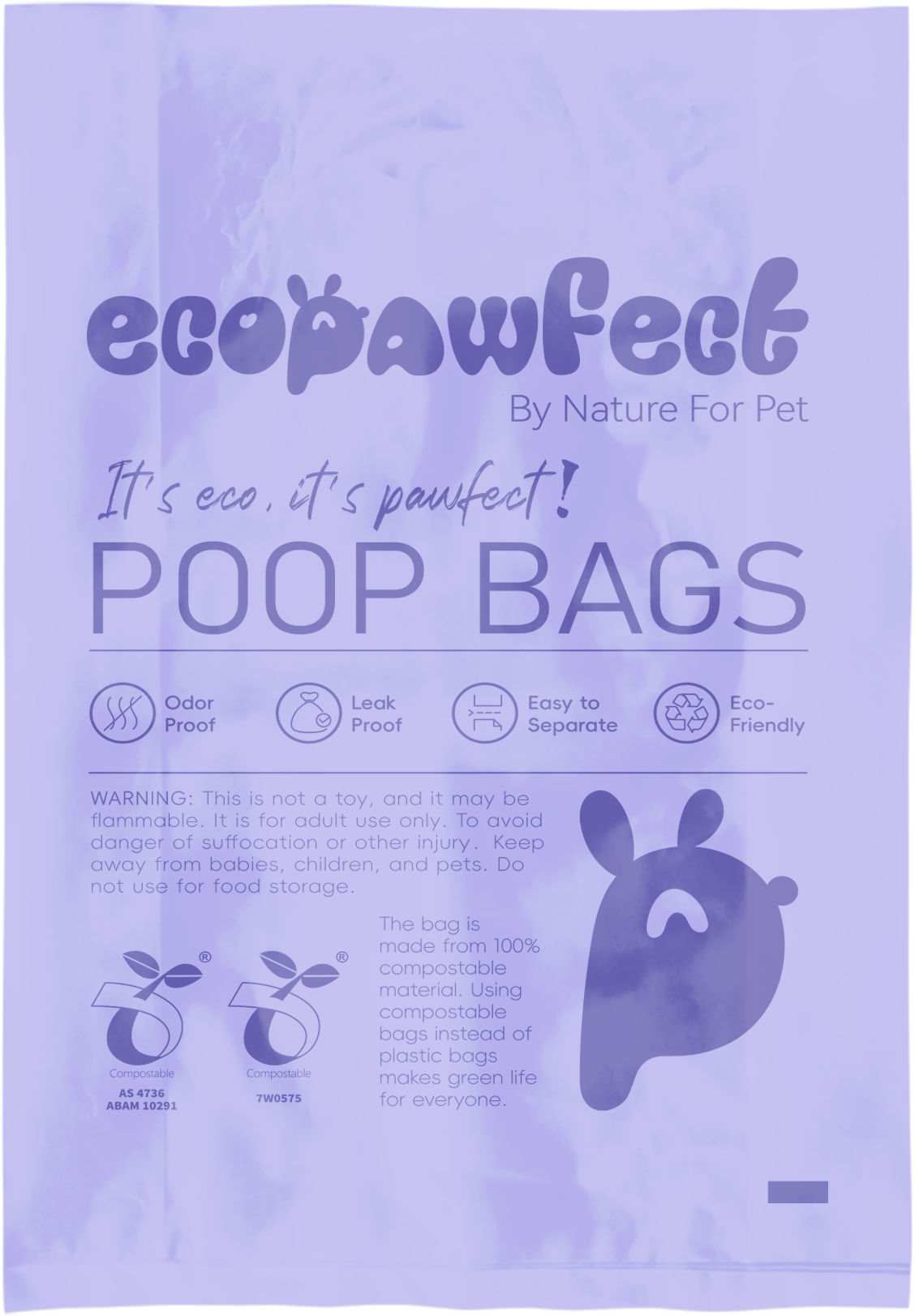 One unrolled compostable dog poop bag — YUTOECOPET Lavender-Scented Dog Poop Bags (purple), featuring a comfortable grip, extra-thick design, and large capacity. Leak-resistant and suitable for dogs of all sizes—perfect for walks, parks, and training sessions.
