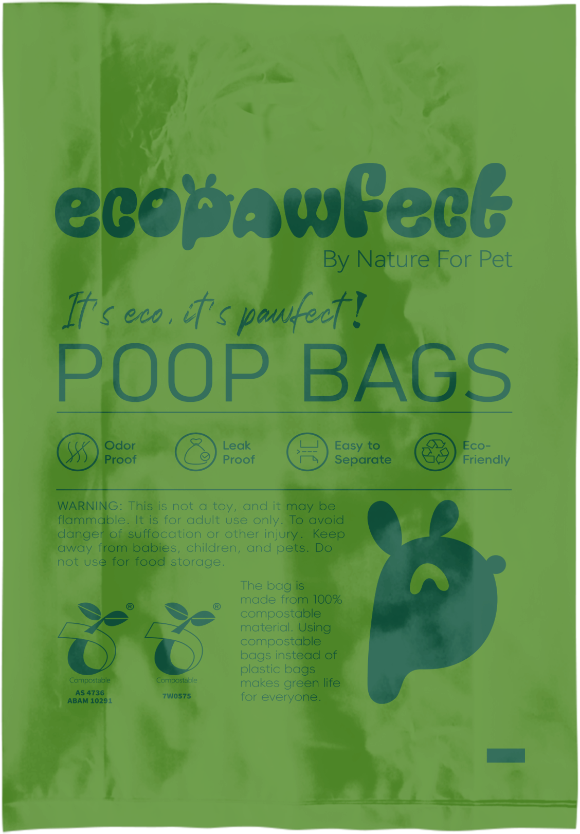 A single unrolled bag — YUTOECOPET Dog Waste Bags (Green) with Jasmine Scent, Guaranteed Leakproof for Walks, Parks, and Puppy Training.
